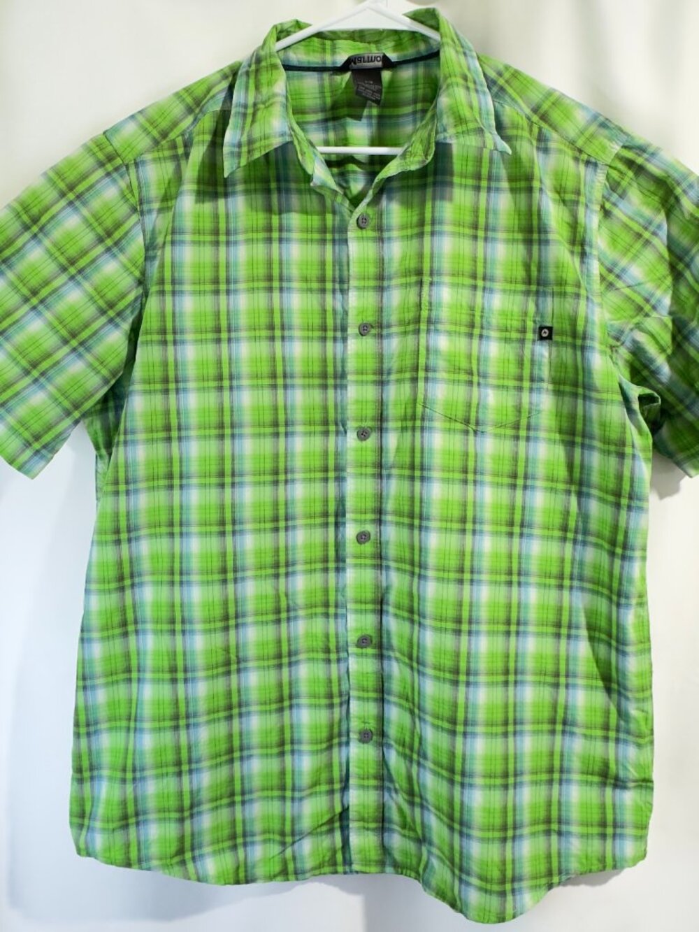 MARMOT Button Up Short Sleeve Outdoor Hiking Shirt Nylon Green Plaid Men's LARGE